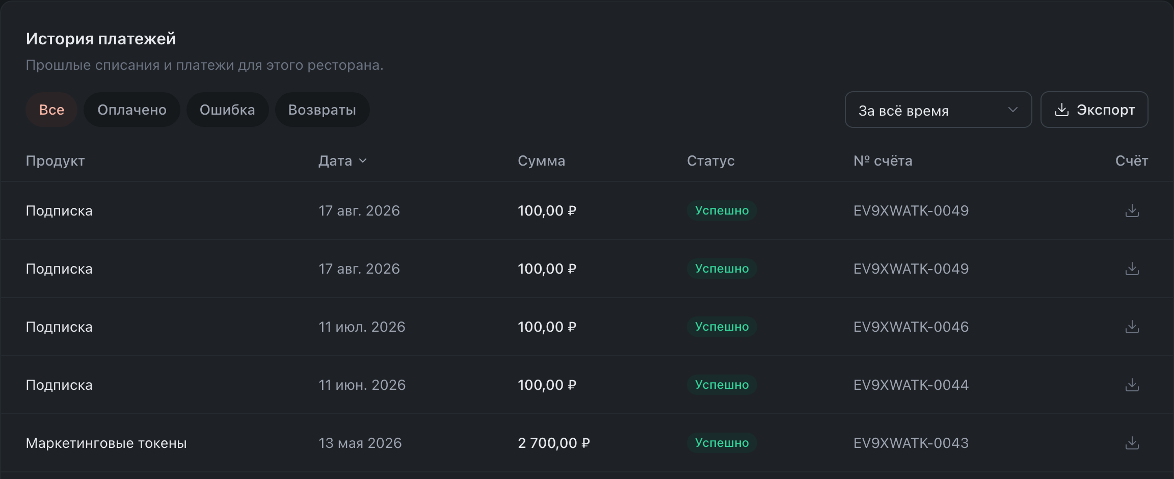 История платежей