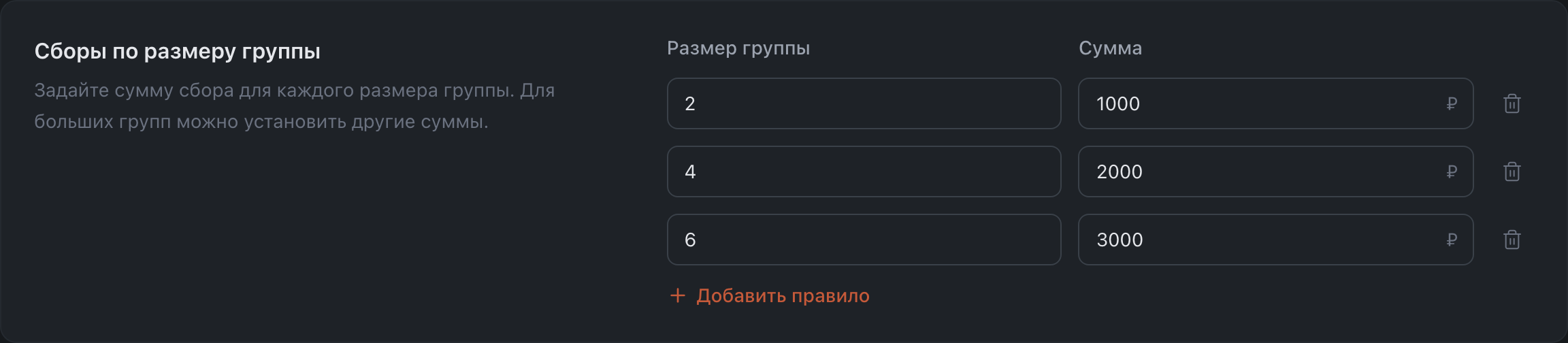 Сборы по размеру группы