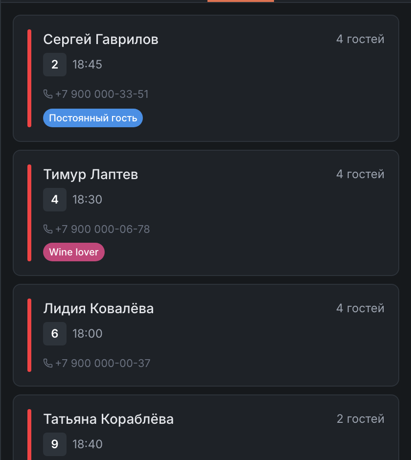 Карточки в списке справа