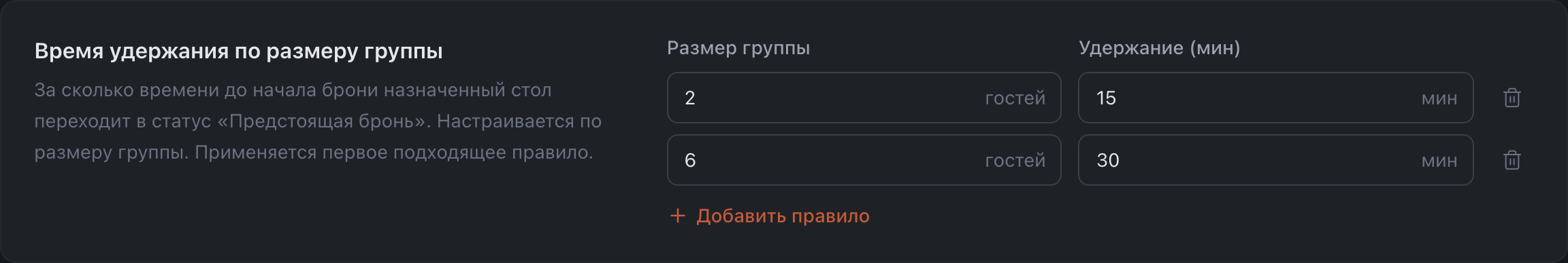 Время удержания по размеру группы